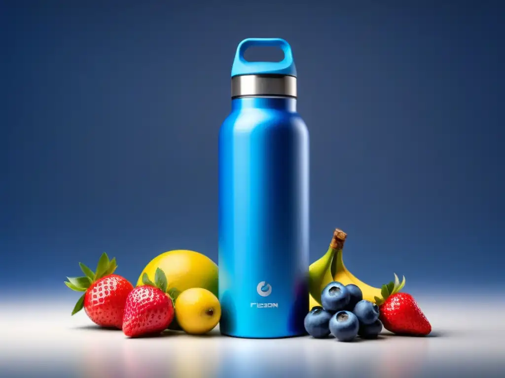 Botella deportiva con sensores biometricos y frutas frescas, fusionando tecnología avanzada y alimentos funcionales rendimiento deportivo