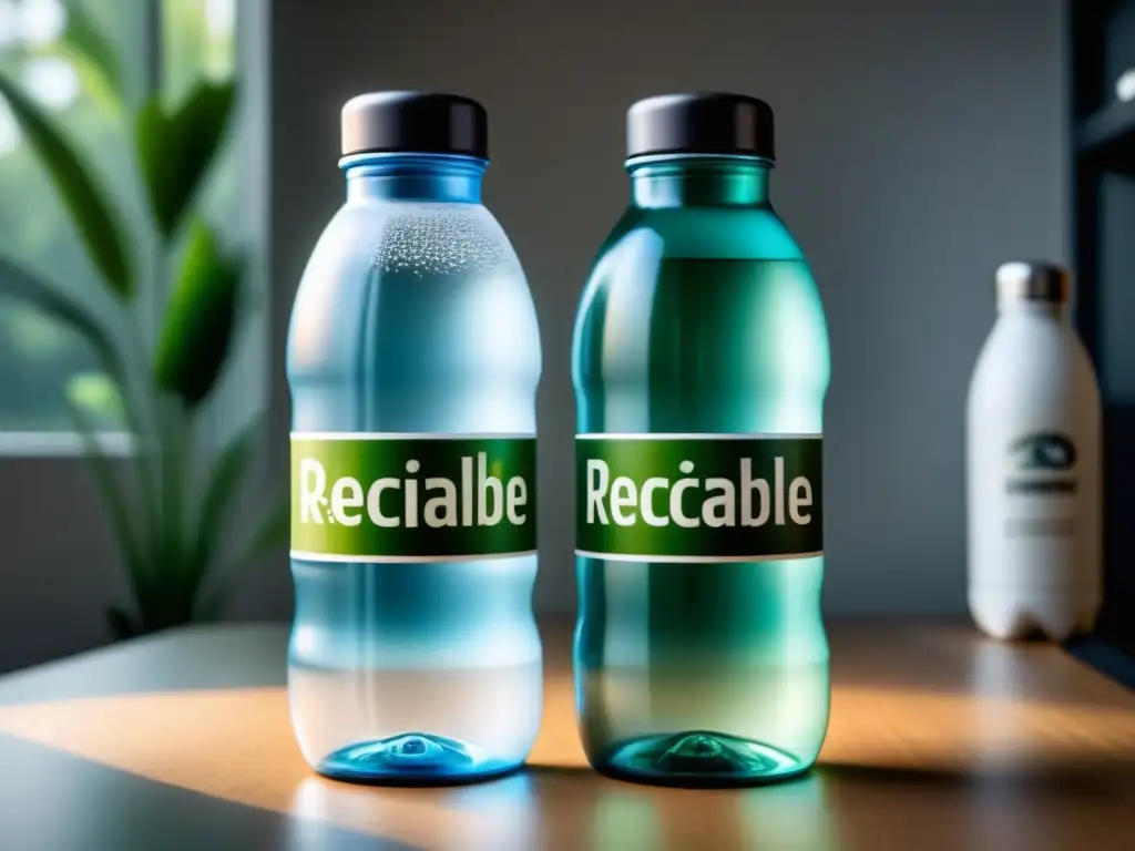 Dos botellas plásticas transparentes, una 'Reciclable' y otra 'Biodegradable', en fondo blanco