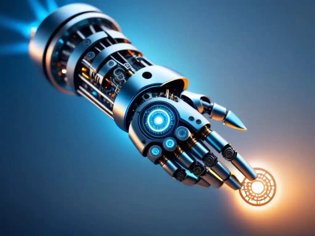 Brazo robot futurista tejiendo engranajes y circuitos, representando la automatización en un entorno tecnológico