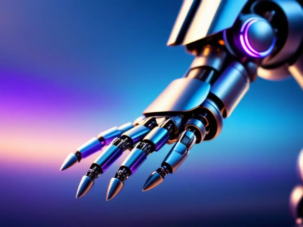 Brazo robot AI fusionando hilos brillantes en material futurista
