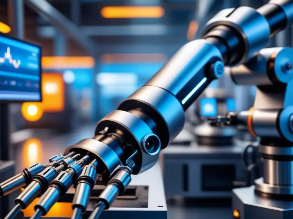 Un brazo robótico de alta tecnología en acción, soldando componentes con precisión en una fábrica futurista