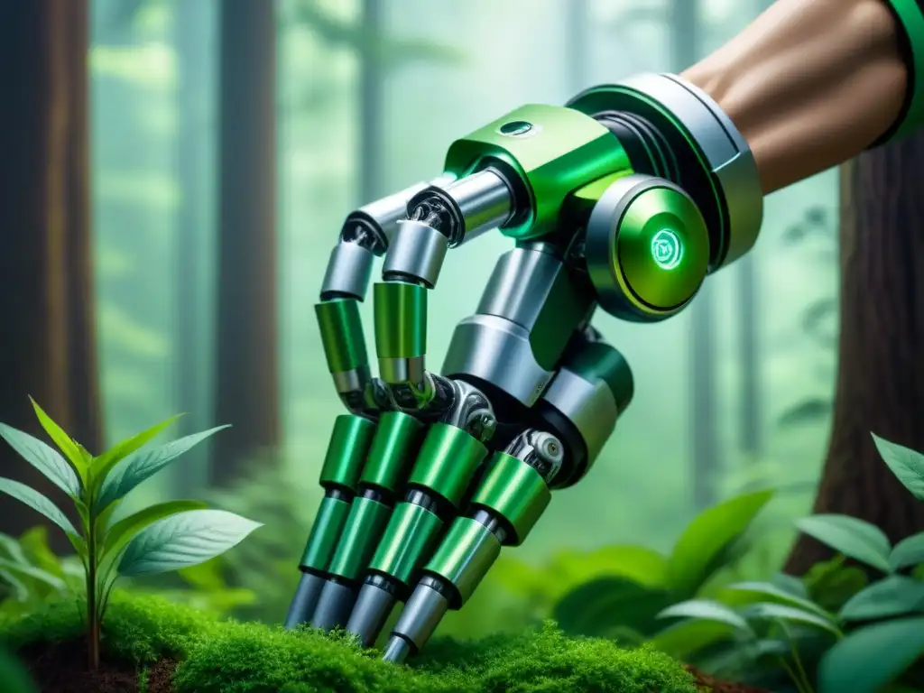 Brazo robótico plantando árboles en el bosque, simbolizando la integración de la robótica sostenible para industria verde