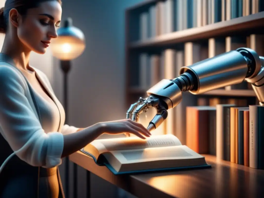 Robótico asistente ayuda a persona con discapacidad a alcanzar libro Un brazo robótico de asistencia para discapacitados ayuda a alcanzar un libro en un estante alto, expresando independencia y emoción