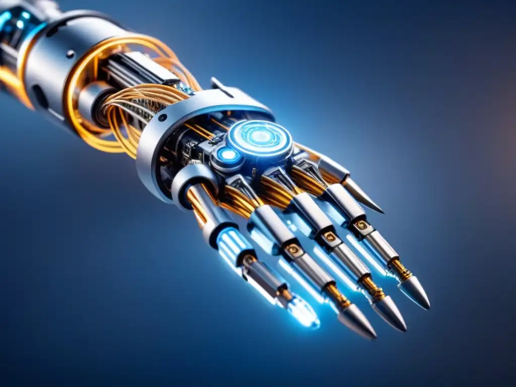 Brazo robótico avanzado tejiendo circuitos con un brillo azul, demostrando automatización procesos robóticos empresas