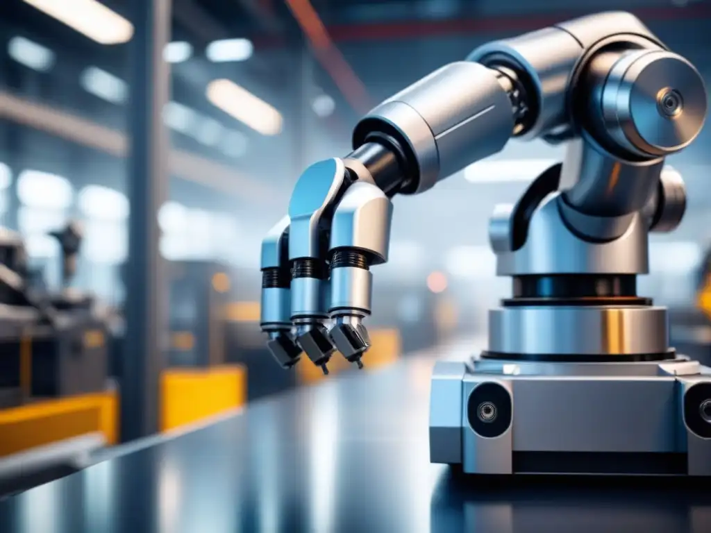 Un brazo robótico detallado en una fábrica moderna, mostrando componentes metálicos en movimiento preciso