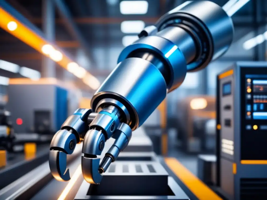 Robot industrial de alta precisión en movimiento Un brazo robótico detallado en movimiento, integrando sistemas en un entorno futurista