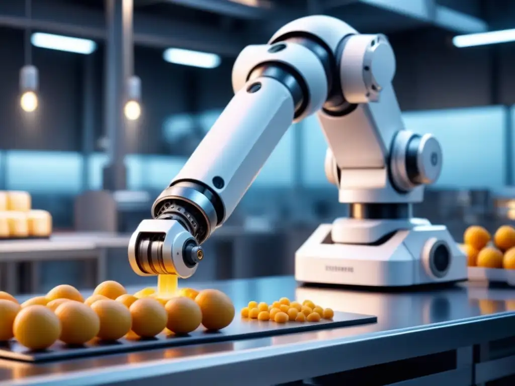 Un brazo robótico elegante en blanco, detallado y preciso, en una instalación de producción de alimentos futurista
