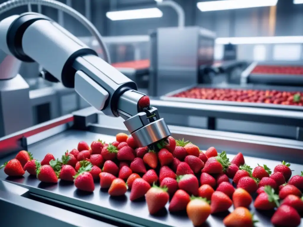 Un brazo robótico selecciona fresas maduras en una planta de procesamiento de alimentos