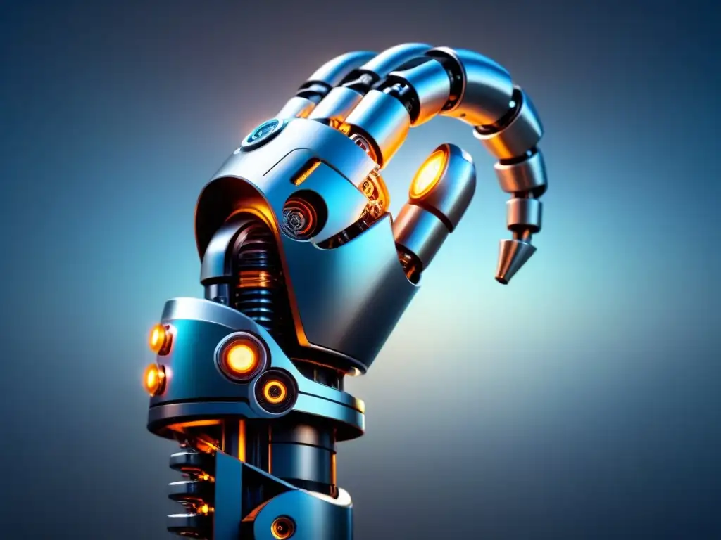 Un brazo robótico futurista y detallado con patrones de circuitos brillantes, simbolizando la importancia de las patentes en la innovación tecnológica