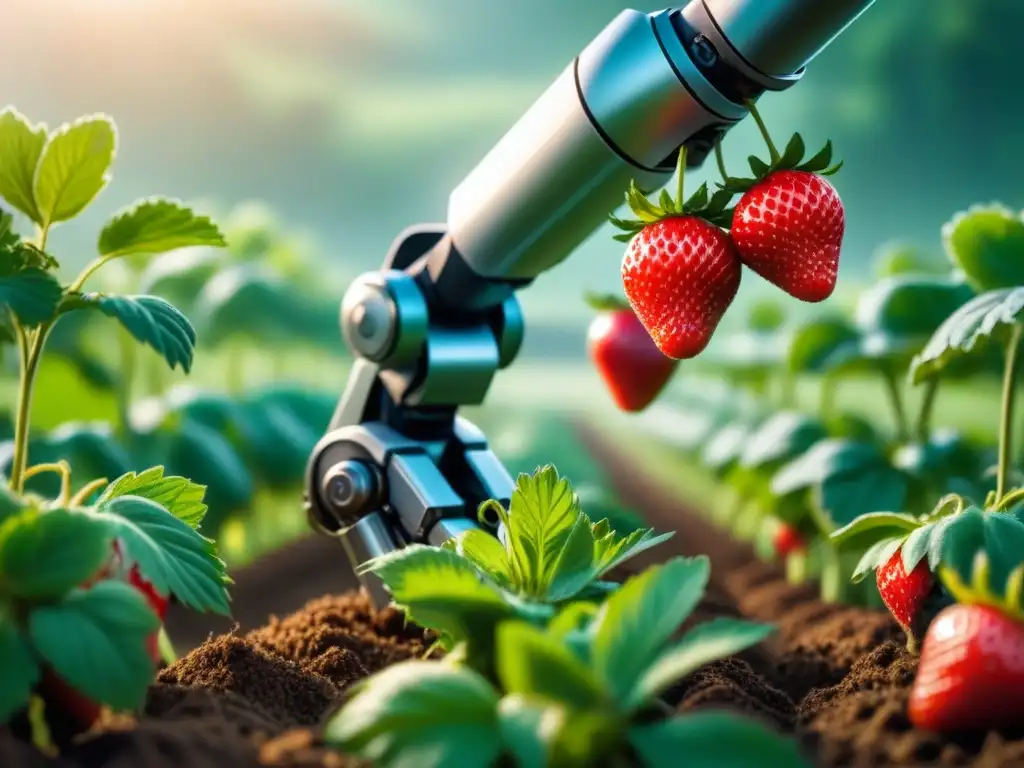 Un brazo robótico futurista recoge fresas rojas en un campo verde exuberante, mostrando innovaciones en robots para alimentos