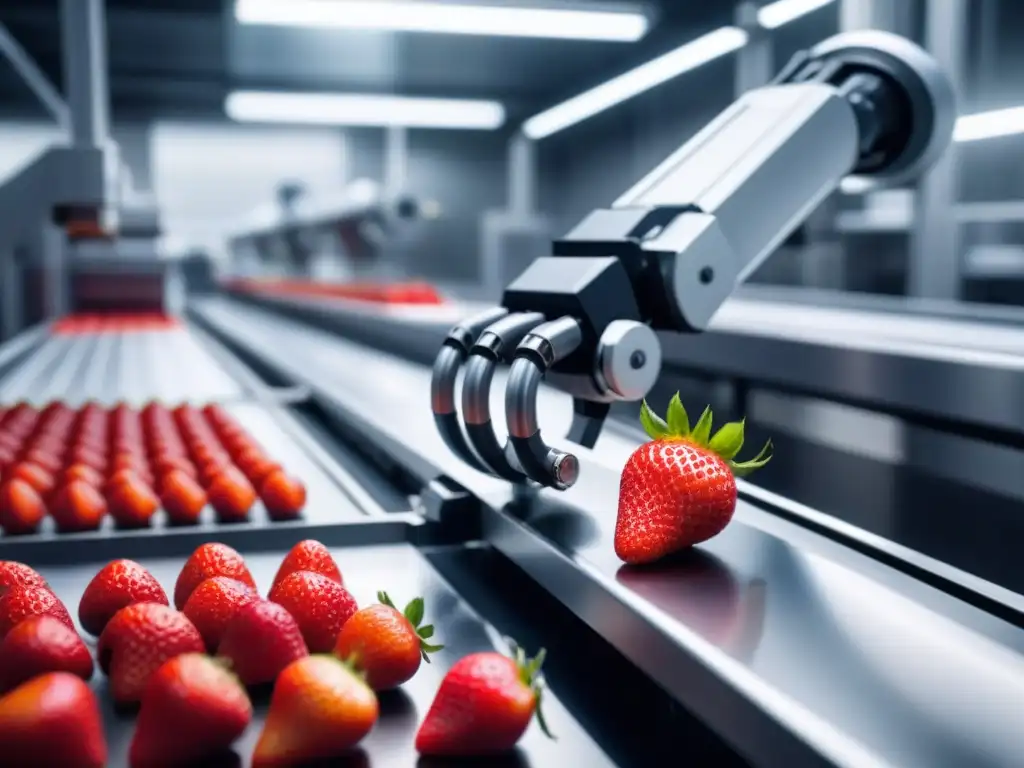Un brazo robótico futurista coloca fresas en una línea de producción
