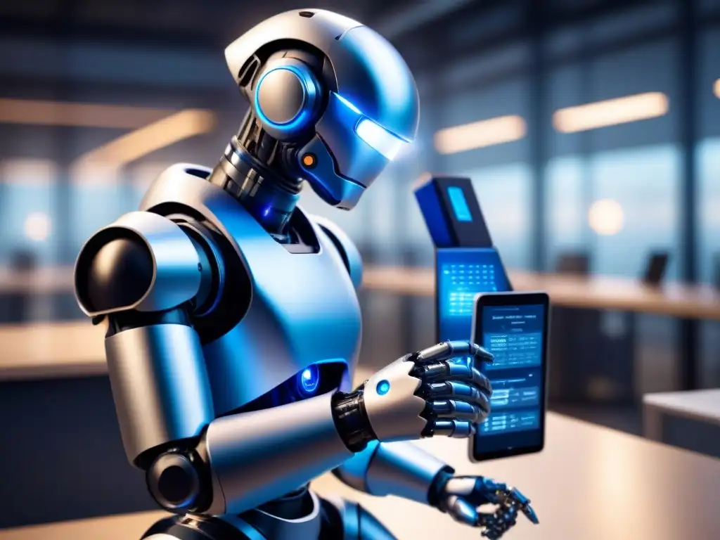 Un brazo robótico futurista integrado en un entorno laboral moderno, analizando datos y detectando riesgos