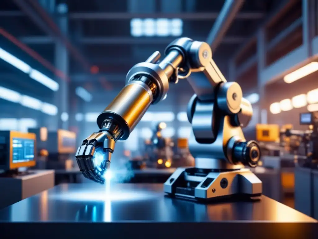 Ensamblaje robótico de alta tecnología en fábrica Un brazo robótico futurista ensambla maquinaria detallada en una fábrica brillante, reflejando tecnología de punta y eficiencia