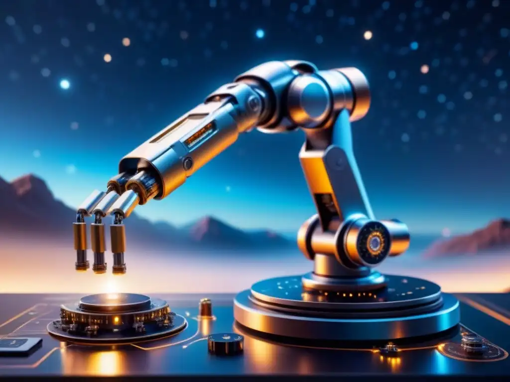Robótica espacial: brazo futurista en galaxia estelar Un brazo robótico futurista manipula una placa de circuito en una galaxia estrellada, simbolizando los avances en robótica para exploración