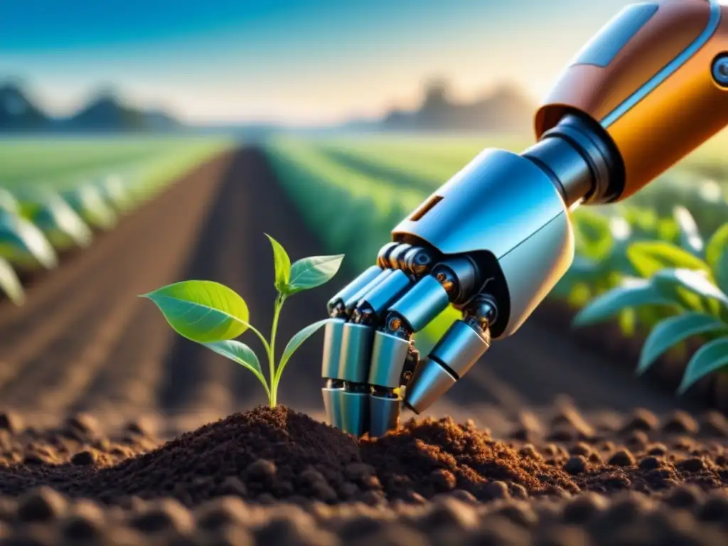 Robótica agrícola: siembra precisa en suelo fértil Un brazo robótico futurista planta una semilla con precisión en tierra fértil, resaltando la armonía entre tecnología y naturaleza