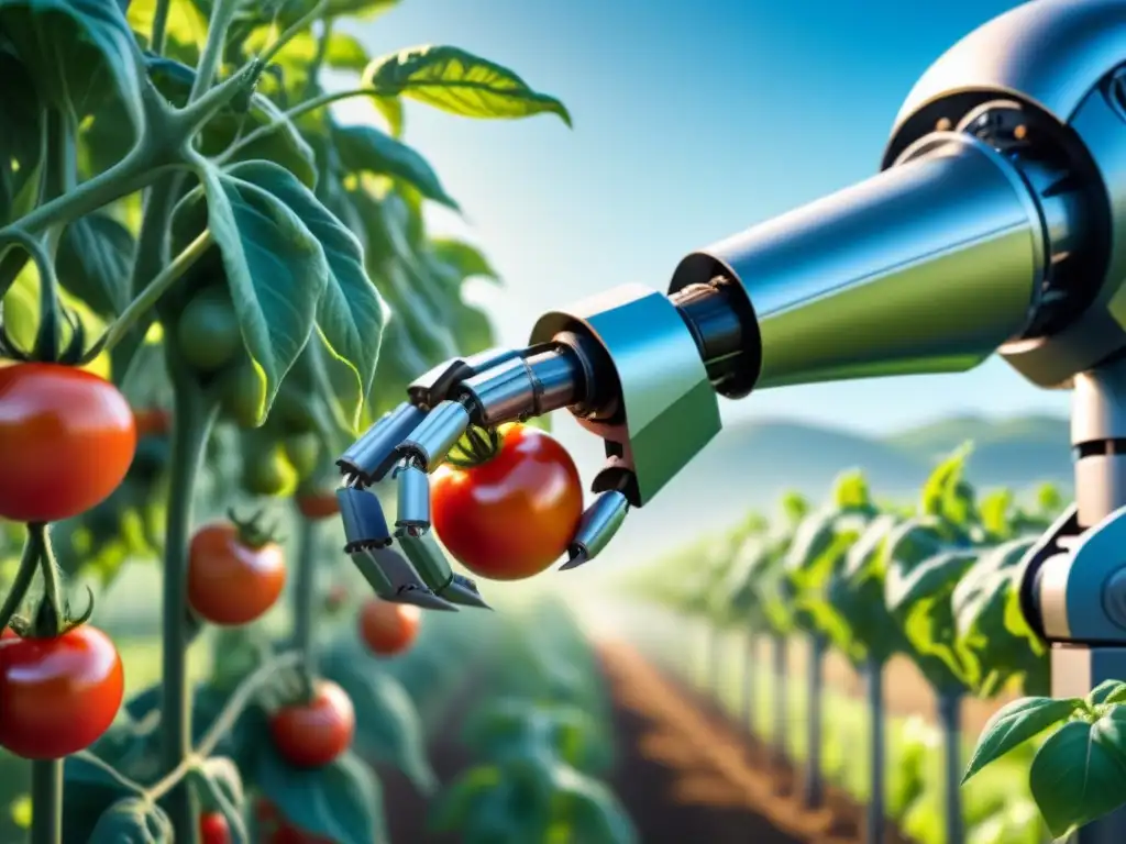 Un brazo robótico futurista recolecta tomates en una granja orgánica, fusionando tecnología y agricultura ecológica con precisión