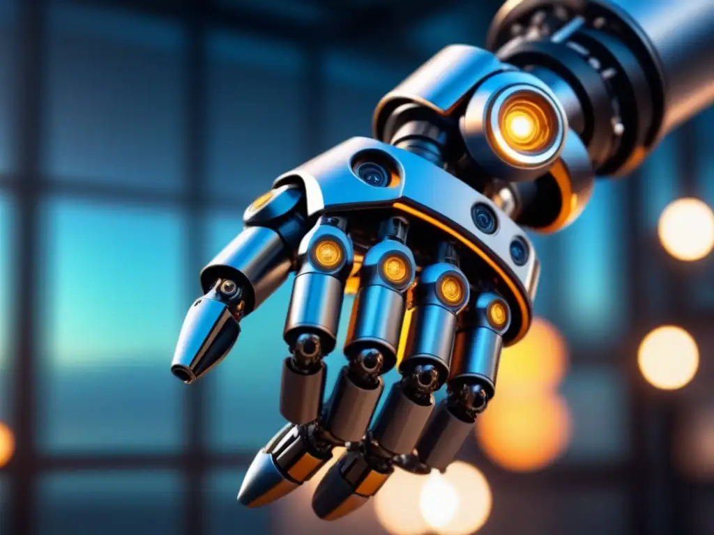 Robótica futurista: brazo metálico en acción Un brazo robótico moderno en un entorno industrial futurista, desafiando la integración de sistemas robóticos