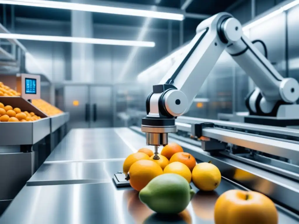 Un brazo robótico moderno en planta procesadora de alimentos, ordena y empaca frutas bajo luces LED, mostrando la integración de tecnología en la industria alimentaria