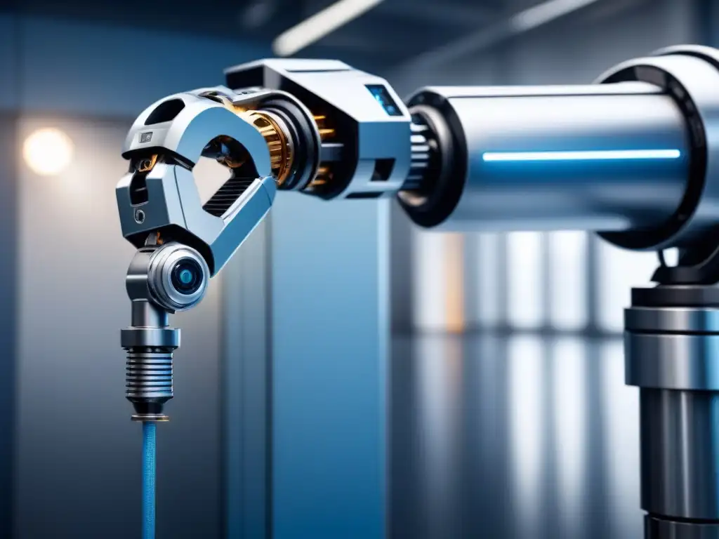 Robótica de precisión: brazo mecánico en acción Un brazo robótico en movimiento detallado en un entorno industrial futurista, resaltando la automatización de procesos para productividad