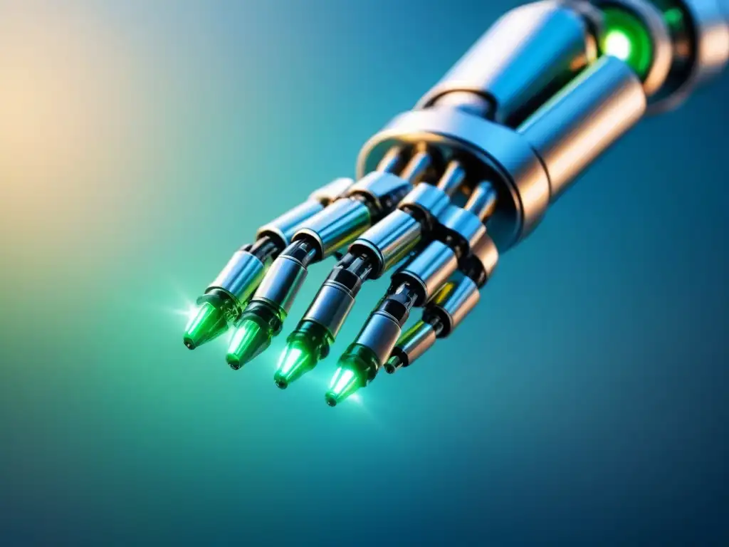Un brazo robótico plateado tejiendo circuitos verdes en manufactura sostenible con Inteligencia Artificial