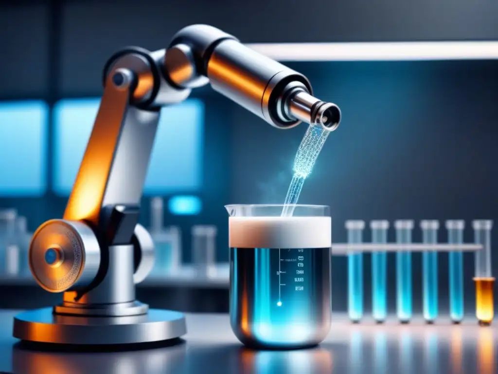 Robótica futurista: brazo plateado vierte líquido en laboratorio Brazo robótico plateado vierte líquido en un matraz en laboratorio blanco, simbolizando la producción químicos sostenibles inteligencia artificial
