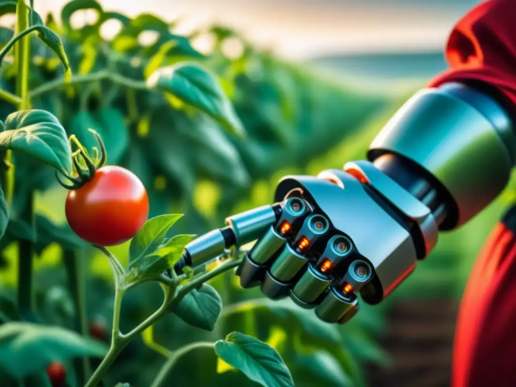 Un brazo robótico sensible cosechando tomates en campo verde