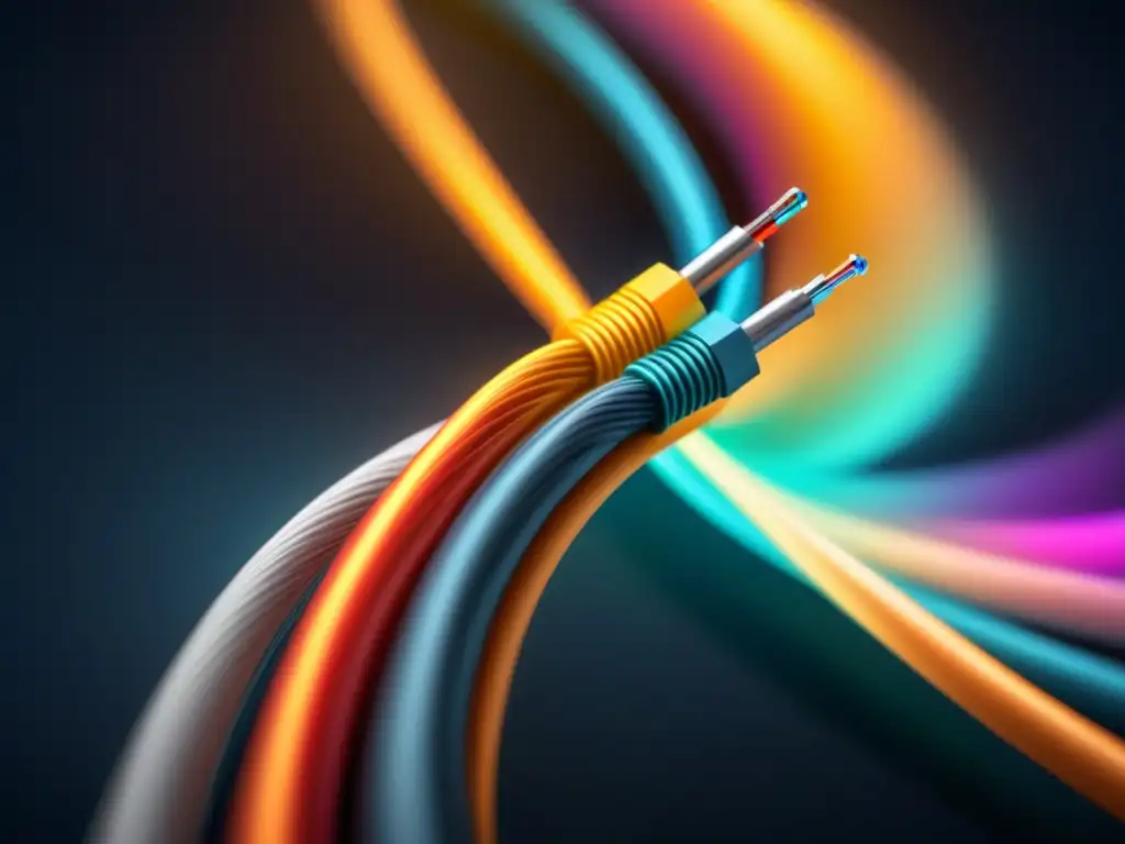 Brillantes cables de fibra óptica entrelazados en la oscuridad, simbolizando aplicaciones fotónicas para telecomunicaciones