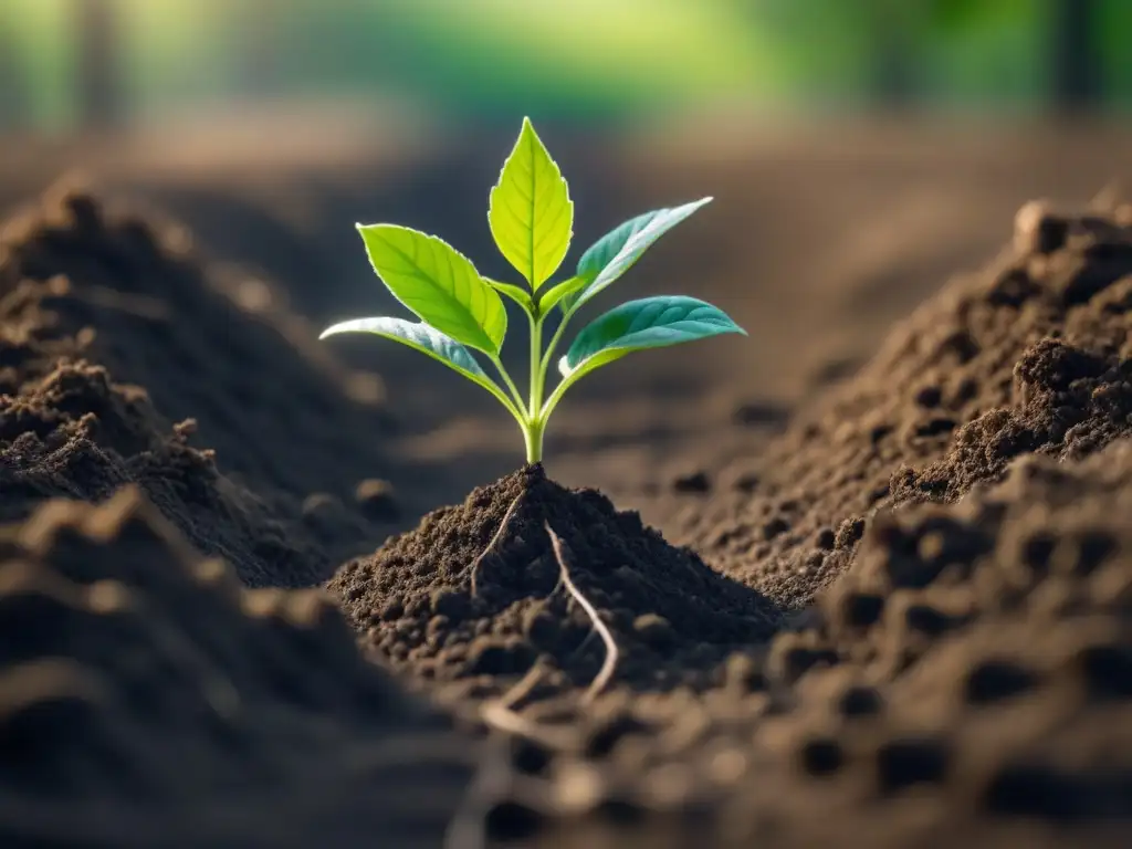 Un brote verde vibrante emerge de la oscura tierra contaminada, ilustrando la bioremediación para sitios contaminados