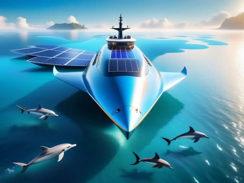 Un buque de carga futurista con paneles solares surca aguas cristalinas, rodeado de delfines