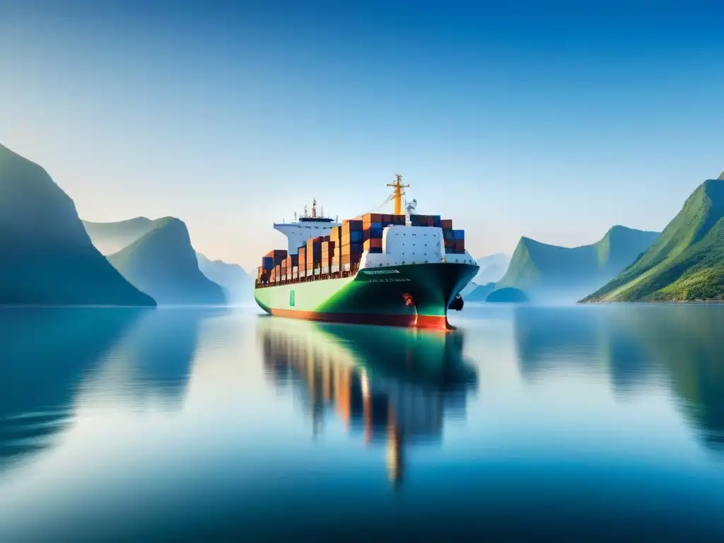 Un buque moderno navega en aguas tranquilas con montañas verdes al fondo, simbolizando soluciones sostenibles en la industria marítima