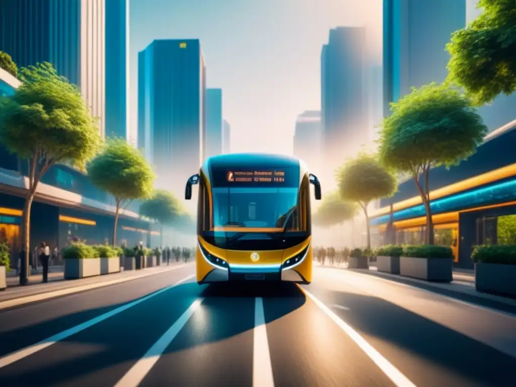 Autobús eléctrico futurista en ciudad verde Un bus eléctrico moderno en una ciudad futurista, rodeado de vegetación y arquitectura limpia, simbolizando la armonía en 'Transporte público eléctrico ciudades limpias'