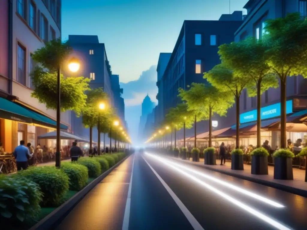 Calles urbanas iluminadas: modernidad y sostenibilidad Una calle de ciudad animada al anochecer, iluminada por elegantes farolas modernas que se integran con la vegetación