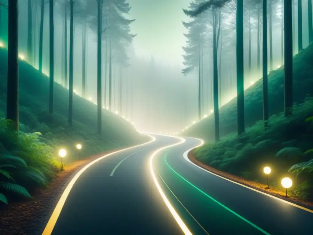 Innovación empresarial: camino de ideas en el bosque Un camino iluminado por ideas en un bosque misterioso, simbolizando el modelo de negocio innovador