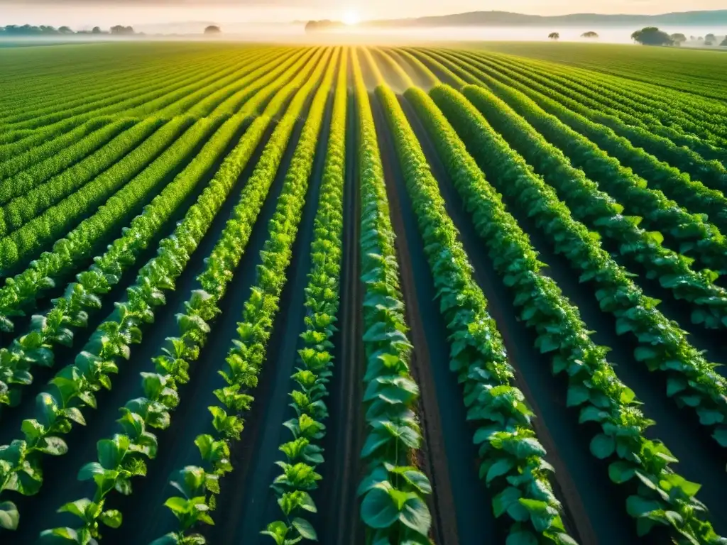 Campo de agricultura de precisión sustentable con cultivos alineados y tecnología integrada, bajo el cálido sol