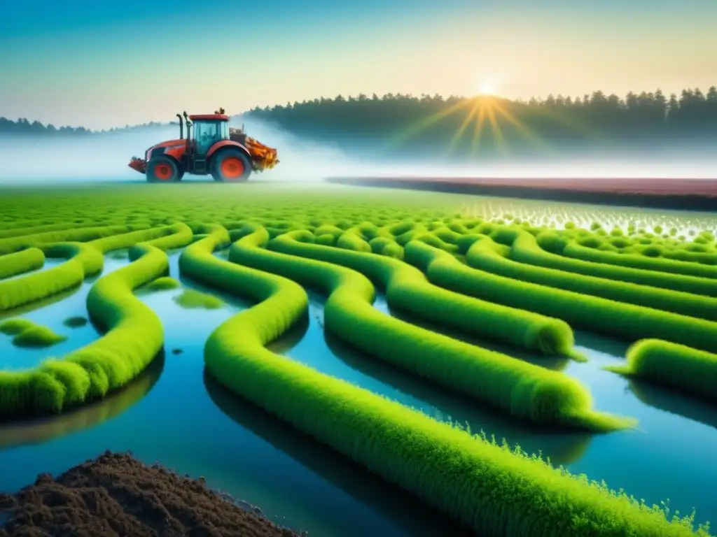 Campo de algas verde vibrante en cosecha para biocombustibles tercera generación seguridad energética