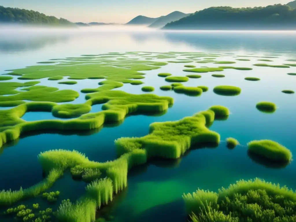 Un campo de algas verde vibrante flota en el agua, reflejando el sol