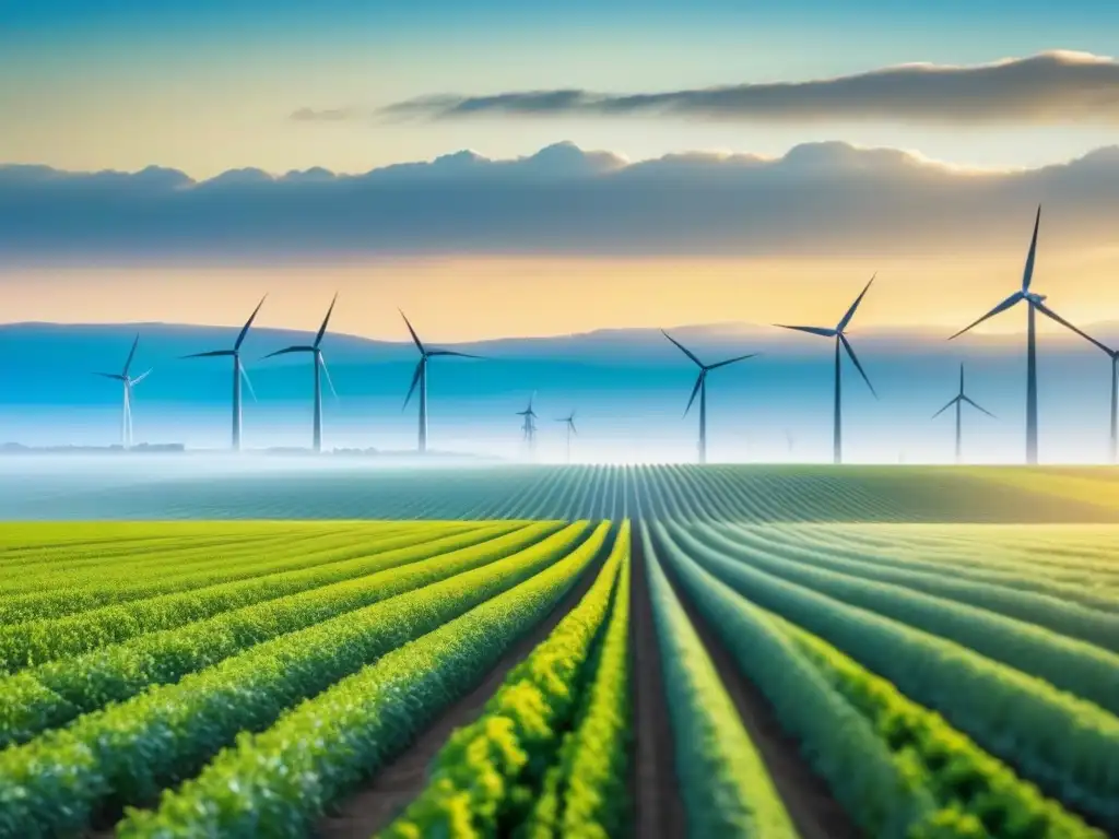 Un campo agrícola bañado por la luz dorada con cultivos verdes y energía renovable