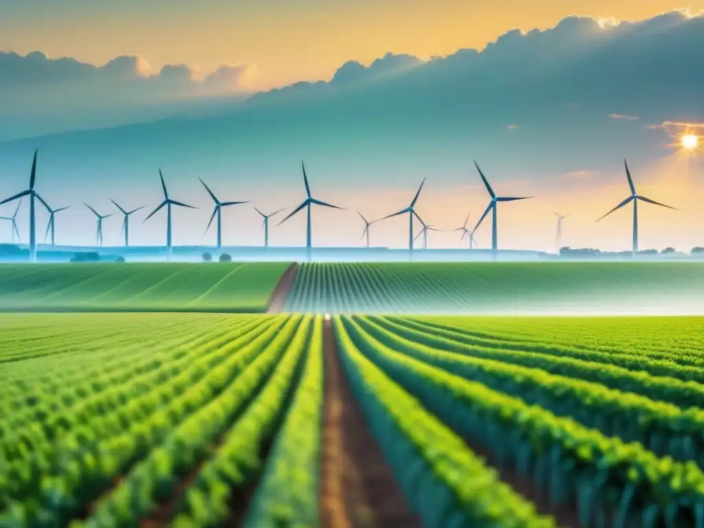 Un campo agrícola bañado por el sol con cultivos verdes, molinos de viento y paneles solares