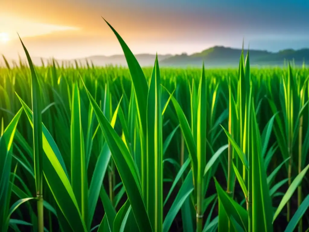 Un campo de caña de azúcar detallado bajo la luz dorada del atardecer, destacando la belleza natural y sostenible de los biocombustibles