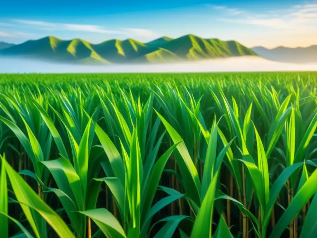 Un campo de caña de azúcar verde vibrante bajo el cielo azul, detallado y sereno, perfecto para producir biocombustibles y reducir la huella