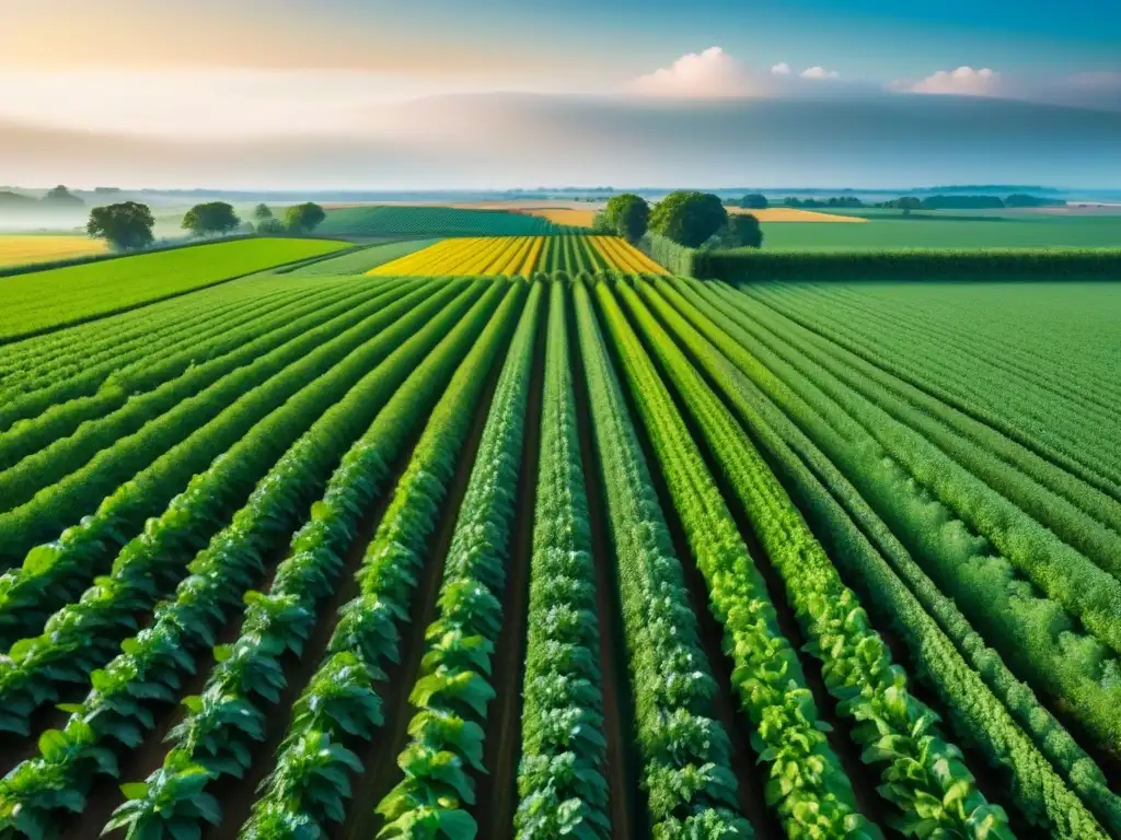 Un campo de cultivo verde exuberante visto desde arriba, con tecnología de sensores integrada para mejorar la calidad de las cosechas