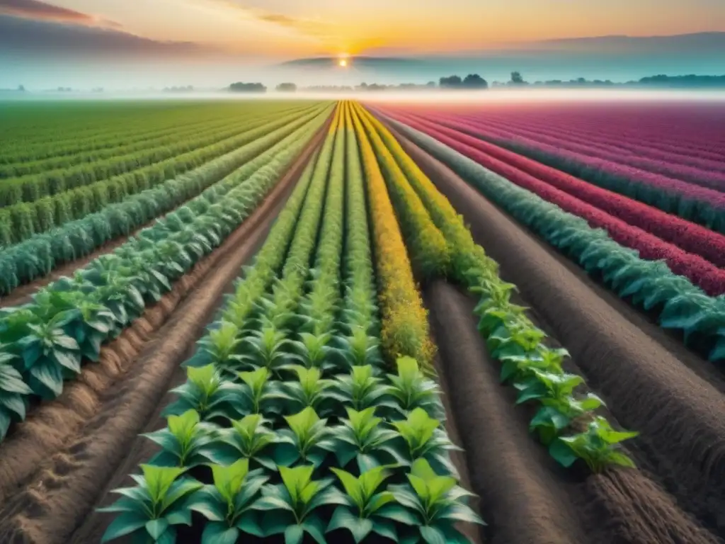 Un campo de cultivos genéticamente modificados al atardecer, con plantas saludables e innovadoras bajo un cielo colorido