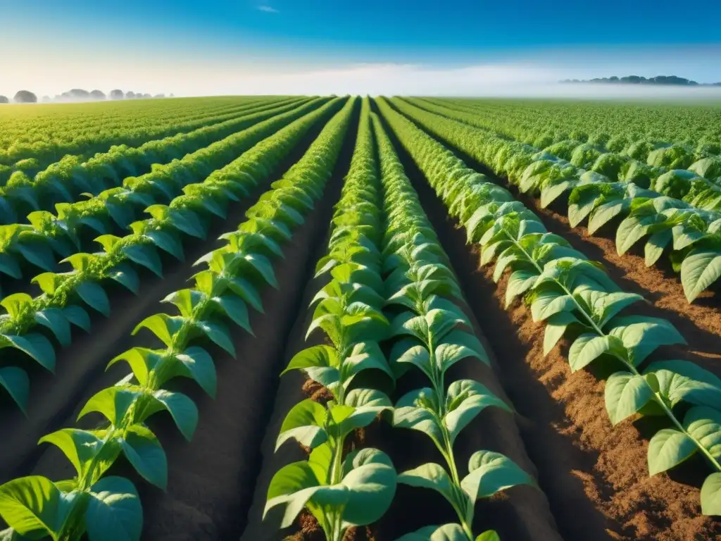 Un campo de cultivos genéticamente modificados bajo un cielo azul, con ADN y rayos de sol, destacando la agricultura personalizada con CRISPR