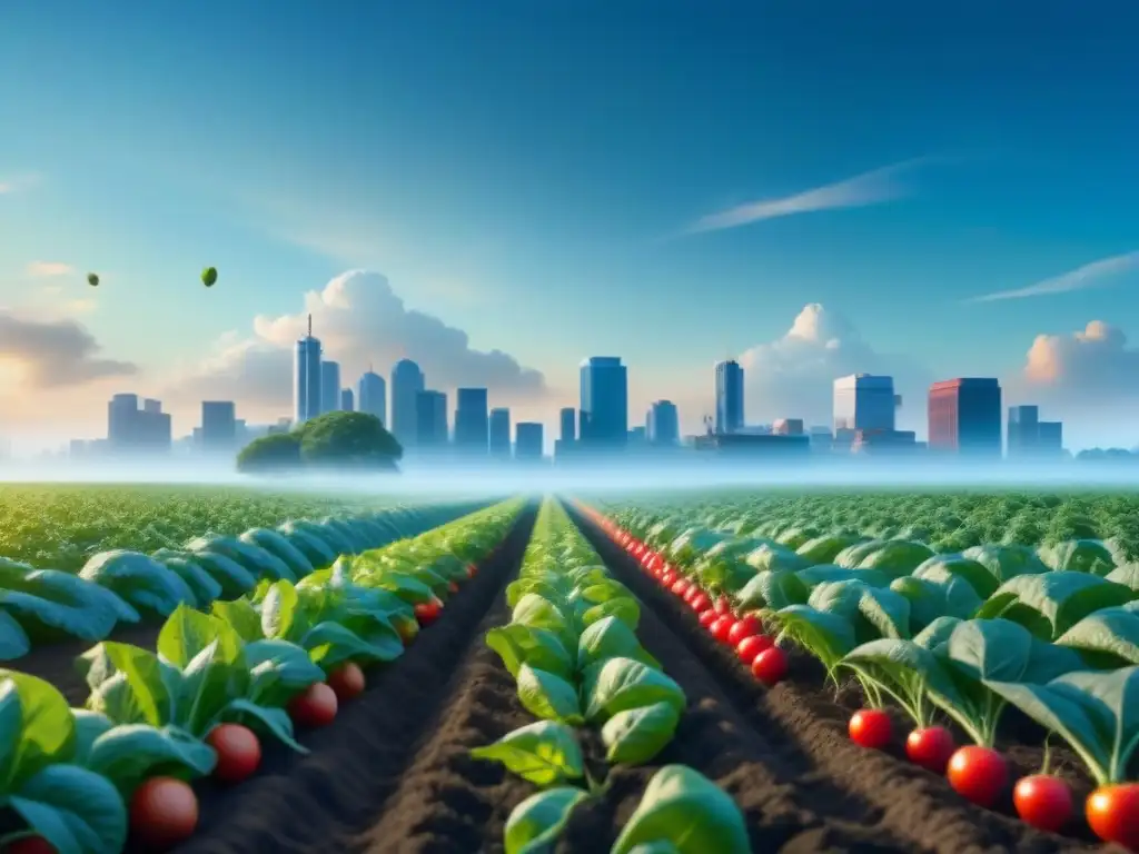 Campo de cultivos genéticamente modificados: innovación y esperanza Un campo de cultivos modificados genéticamente con CRISPR como solución a escasez, rebosante de frutas y verduras bajo el cielo azul