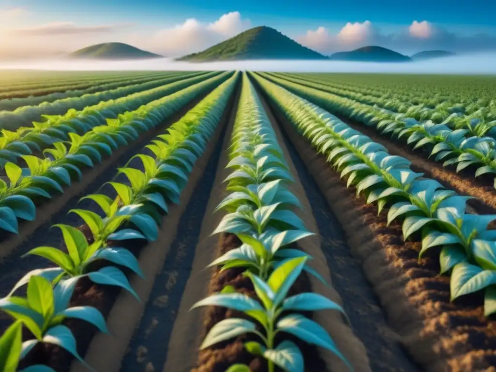 Un campo de cultivos genéticamente modificados muestra plantas vibrantes y saludables bajo un cielo azul