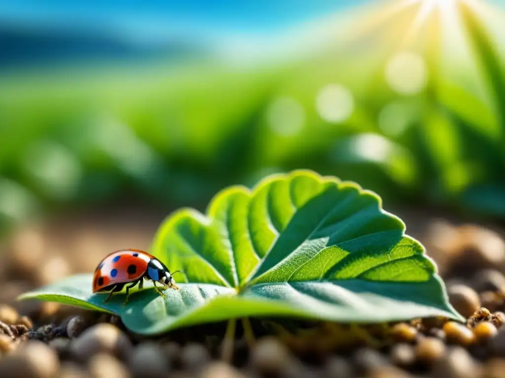 Un campo de cultivos verde exuberante bajo cielo azul, con una mariquita, reflejando el biocontrol natural para proteger cultivos