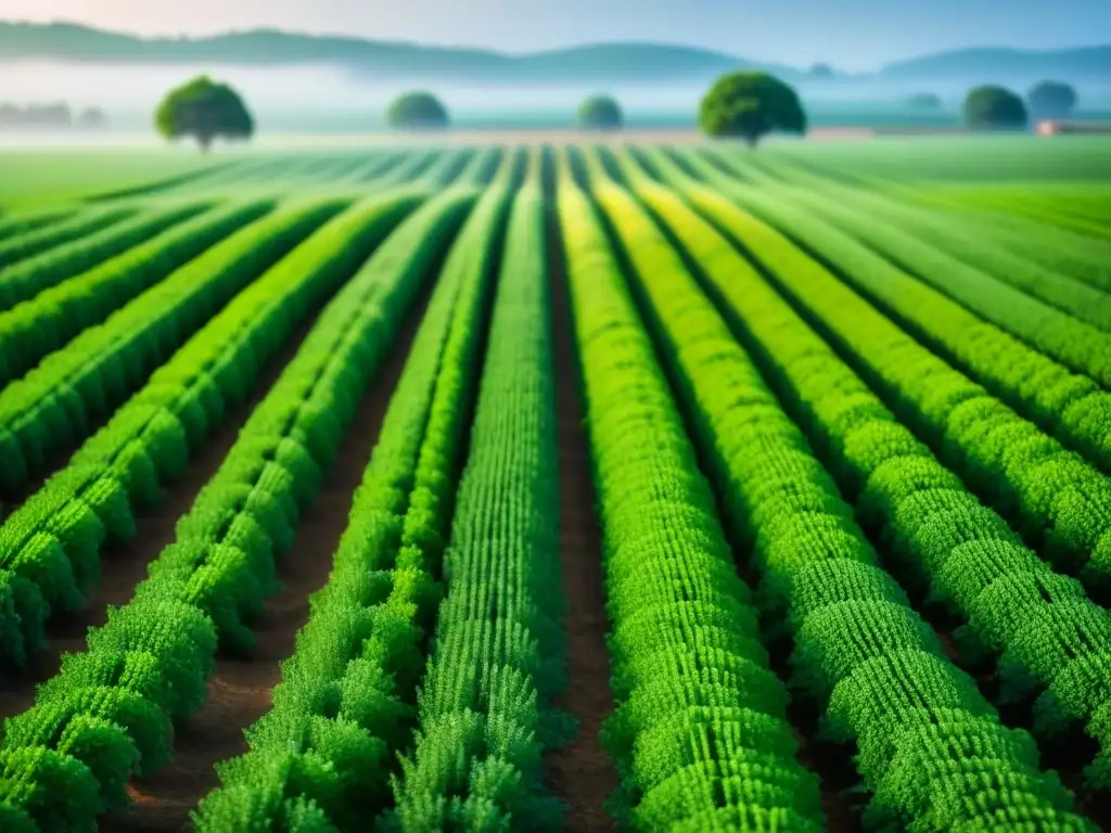 Campo de cultivos verde vibrante con plantas editadas genéticamente, resistentes a plagas