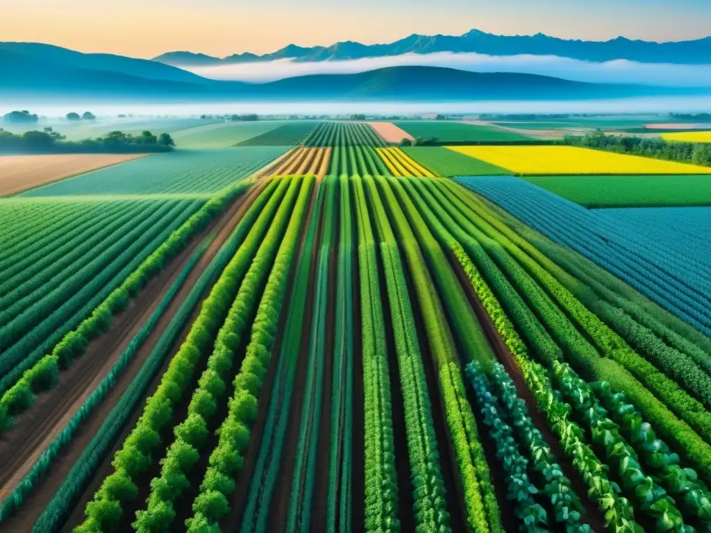 Un campo agrícola extenso y frondoso se extiende hacia el horizonte bajo un cielo azul claro