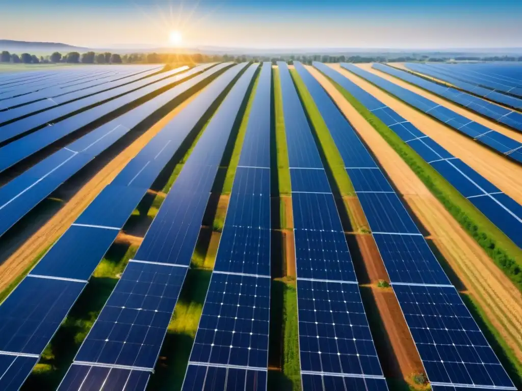 Un campo extenso lleno de paneles solares brillantes bajo un cielo azul, reflejando la luz del sol en un patrón hipnótico