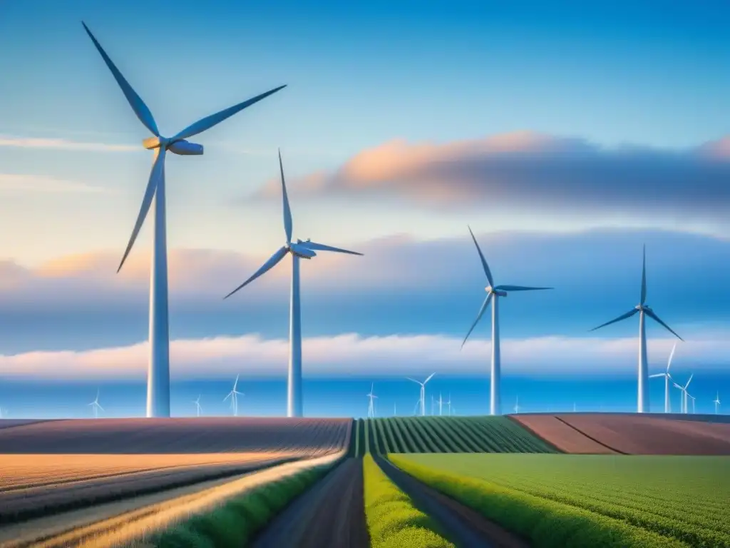 Un campo extenso con modernos molinos de viento bajo cielo azul